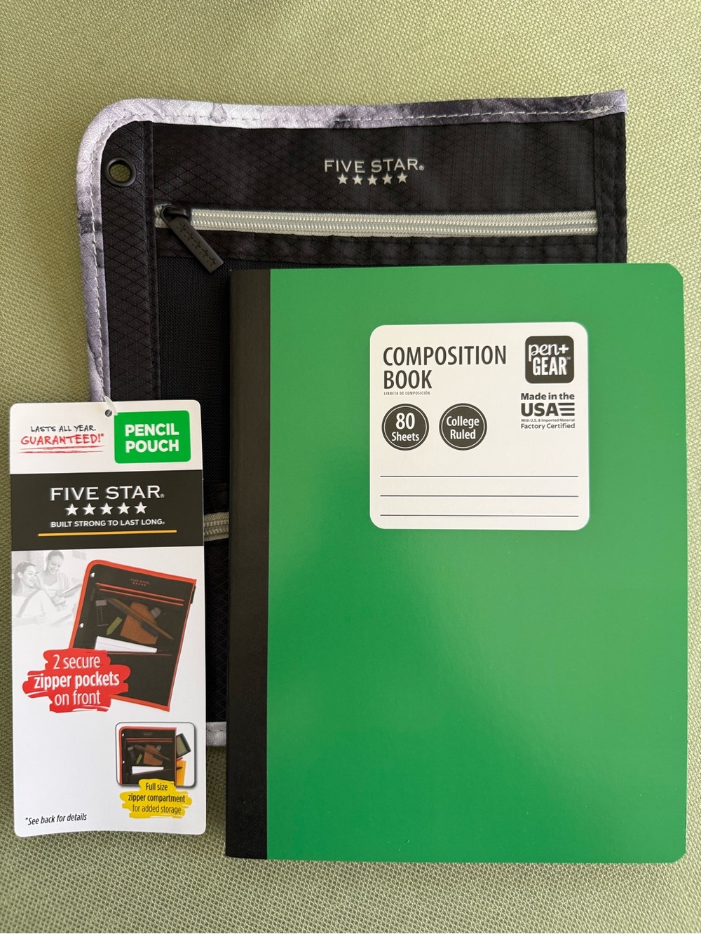 🌞 4/$20 - Five Star Black Zipper Pencil Pouch with Green Composition Book